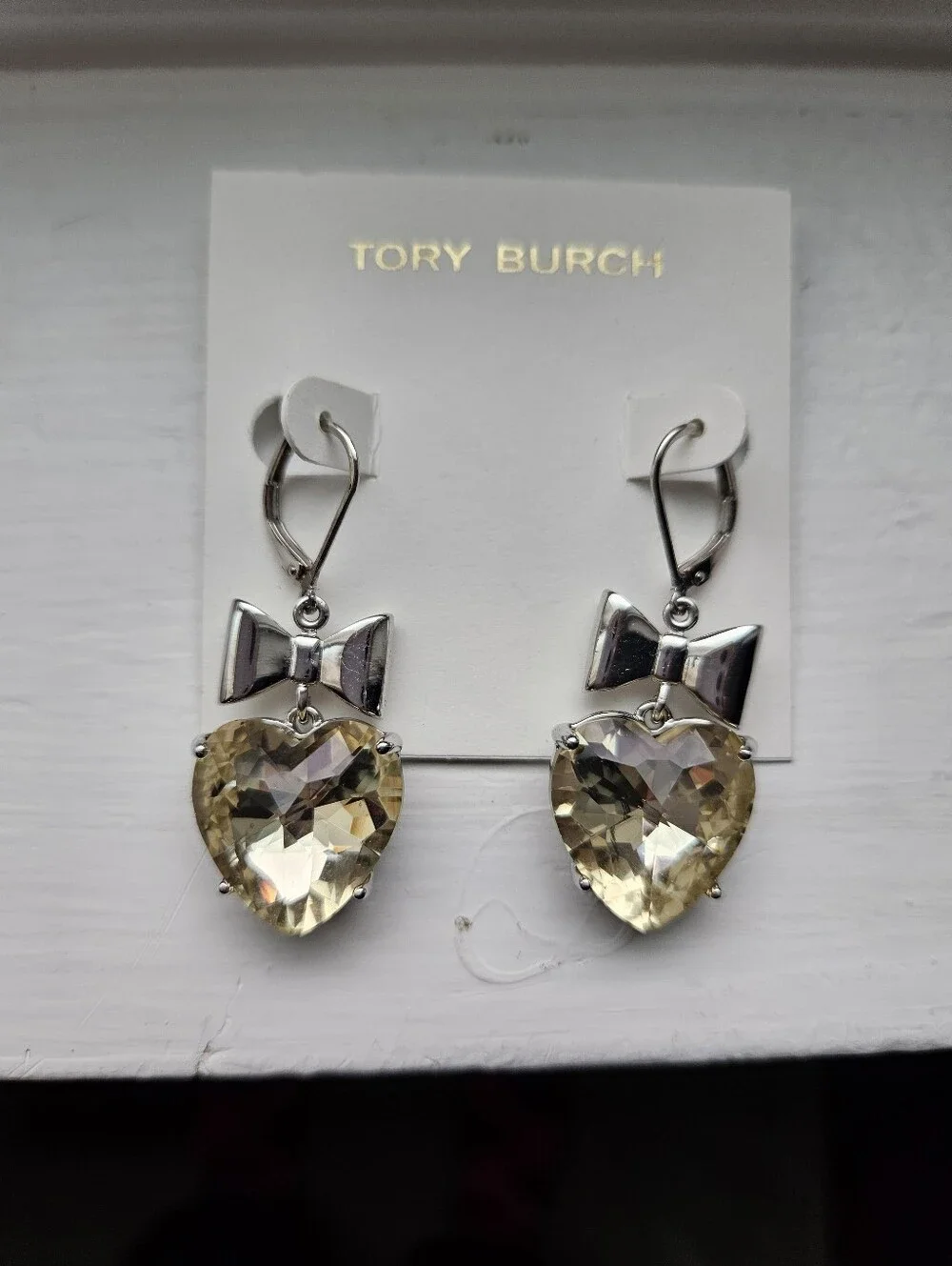 Tory Burch Silver Bow Drop Earrings with Pale Yellow Heart Crystals